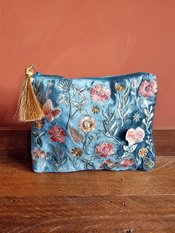 Fluwelen etui blauw bloemen